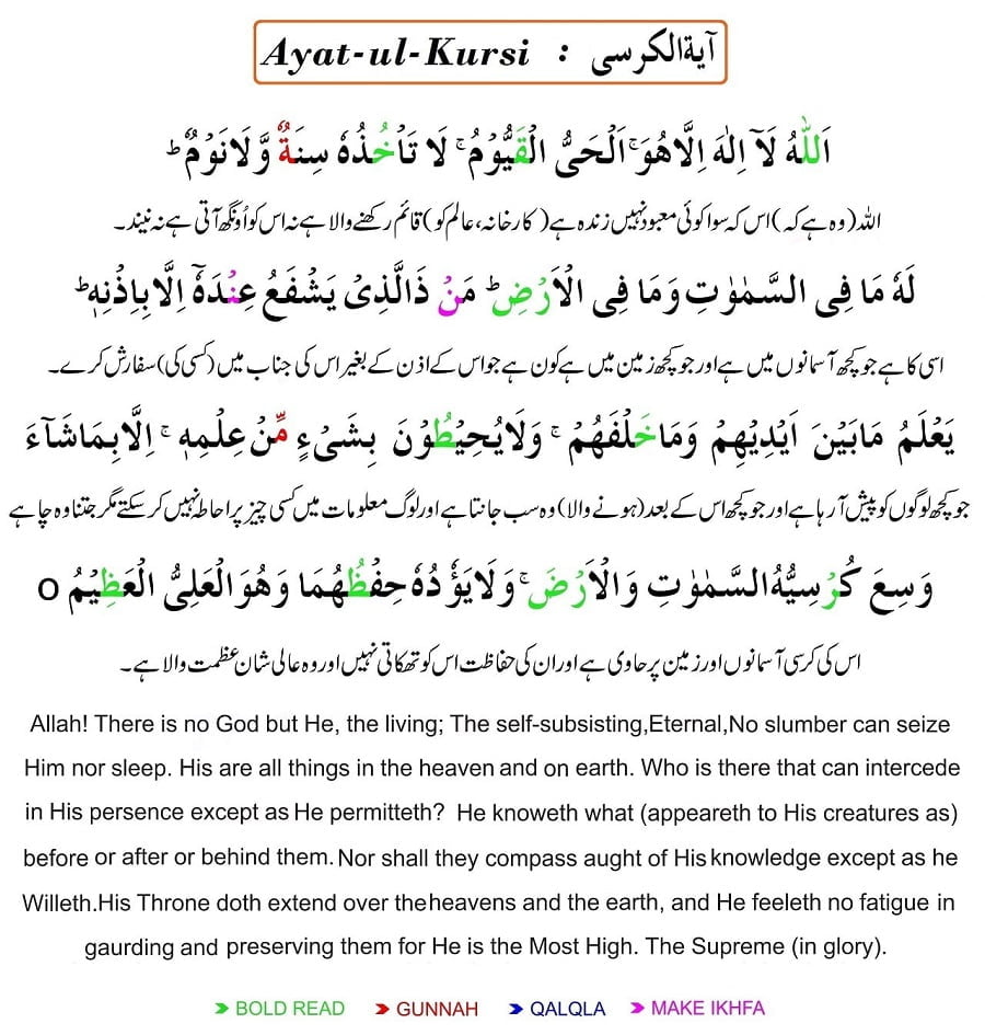 Ayatul Kursi With Urdu and English Translation